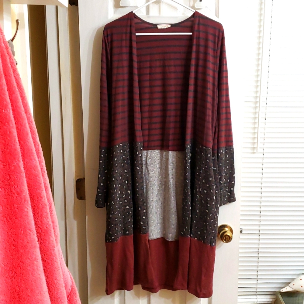 Oddy long burgundy and black duster cardigan Large
